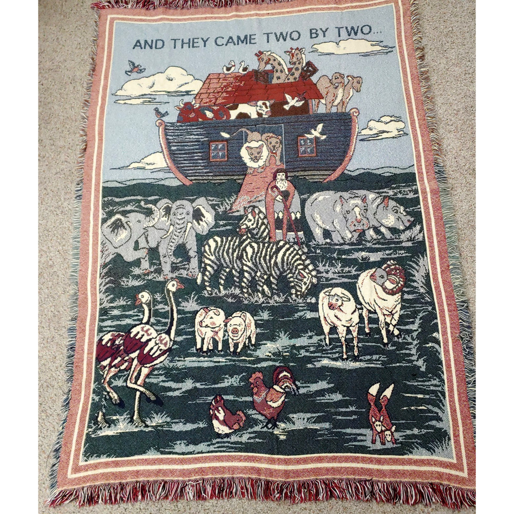 Vintage Noahs Ark Tapestry Woven Throw Blanket-Wall Hanging-70x48-1994 Animals - Picture 2 of 16